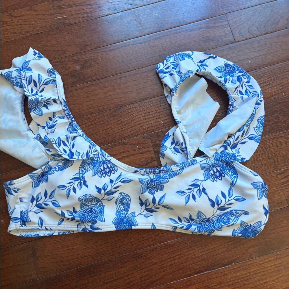 SHEIN White and Blue Floral Bikini Top